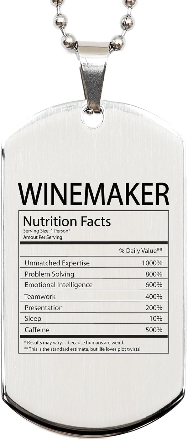 DesiDD Funny Winemaker Appreciation Gifts - Nutrition Facts Dog Tag Necklace for Vintner