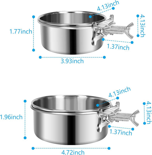 Dog Food Water Bowl for Cage with Clamp Holder, Stainless Steel Pet Kennel Hanging Bowls Non-Spill Detectable Bowls Crate Feeder for Small Medium Large Dogs (Silver, XS (19 & 12 OZ))