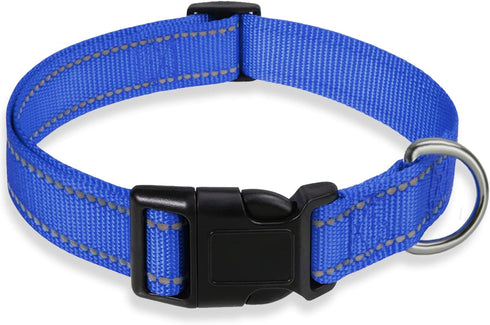 Reflective Dog Collar with Buckle, Adjustable Safety Nylon Collars for Small Medium Large Dogs, Navy Blue (L)
