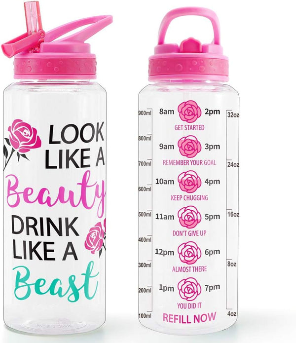 Home Tune 32oz Motivational Water Bottle with Straw & Time Marker, BPA Free, Dustproof, Leak Proof