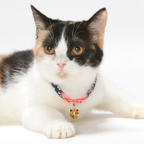 Necoichi Chirimen Hanabi Fireworks Cat Collar (Navy) with Bell - Safety Breakaway Soft Lightweight