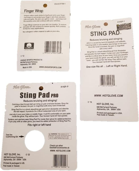 Hot Glove Baseball Sting Pad Pro Hand Protection, 3 Piece Bundle with Finger Wrap