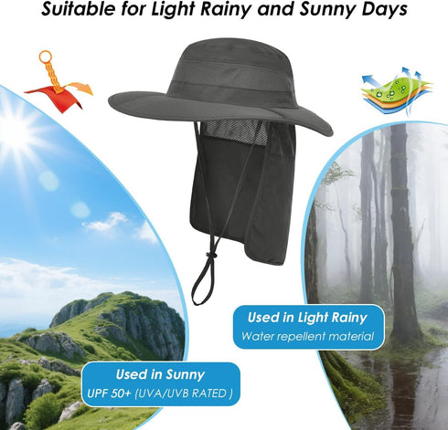 IYEBRAO 2 Pack Mens UV Protection Sun Hat with Neck Flap, Summer Foldable Mesh Boonie Cap for Fishing
