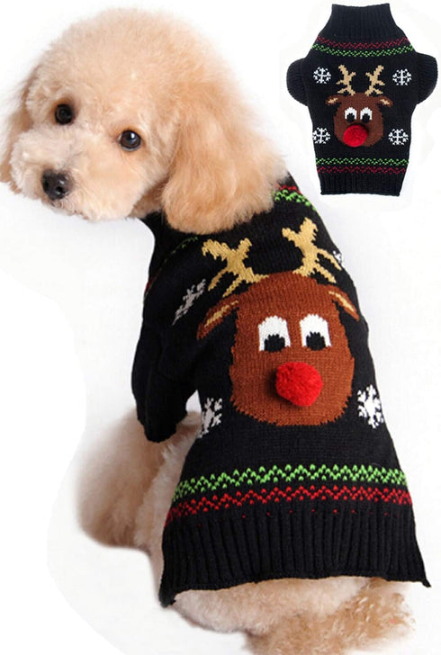 Dog Sweater for Christmas, Cartoon Reindeer Knitwear, Warm Clothes for Pet Cat