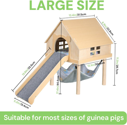 LUCKYBOPAN Hammock, Guinea Pig Hideout- Wooden Guinea Pig Toys with Stairs and Mat & Detachable Double-Decker House