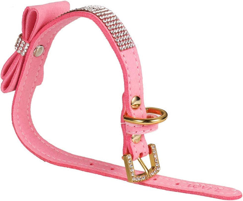 LOVPE Pink Velvet Leather Dog Collar/Cat Collar - Rhinestone Bow-Knot Tie for Small Dogs & Cats, Size S