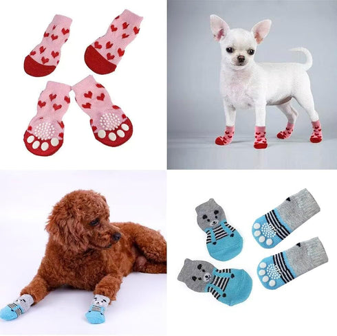 4 Pairs Anti-Slip Dog Socks & Cat Socks with Rubber Reinforcement, Pet Paw Protector for Indoor Wear (L)