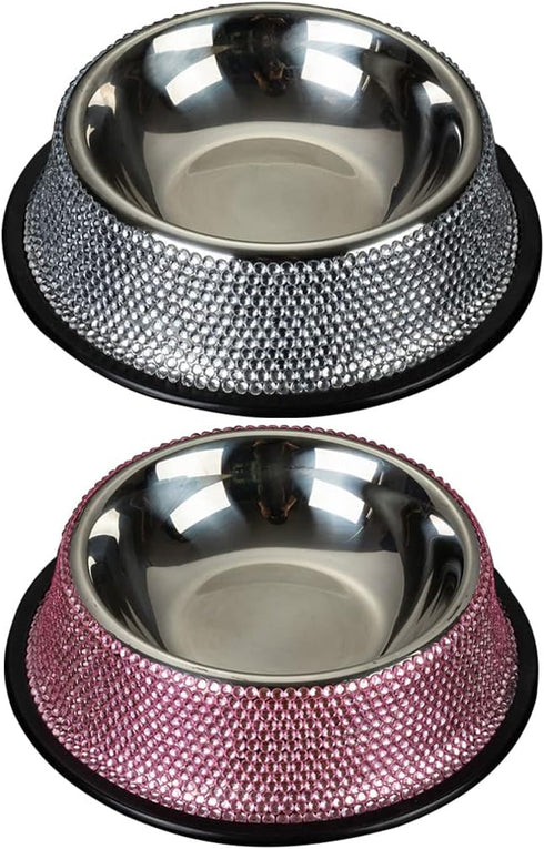 APGLSXY Dog Bowls with Rhinestones Stainless Steel Dog Food and Water Bowls Non-Skid Rubber Base Sparkling Feeding