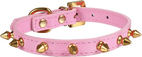 LOVPE One Row Golden Spiked Studded Leather Dog Collar - Cat Collar with Golden Rhinestone Buckle for Small Pets (Pink,