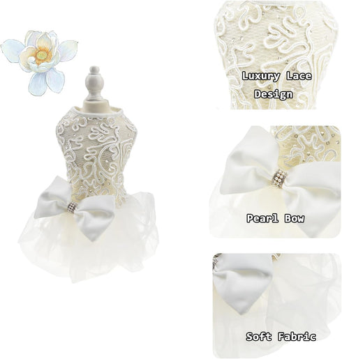 Hollow Dog Wedding Dress Tutu Skirt, Luxury Lace Pearl Bow Christmas Dress Costume for Small Dog (S, White)