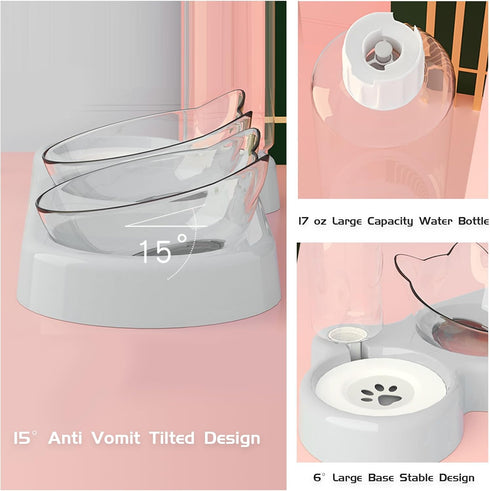 Marchul Raised Cat Dishes for Food and Water, Pet Feeding Bowls with Automatic Water Bottle