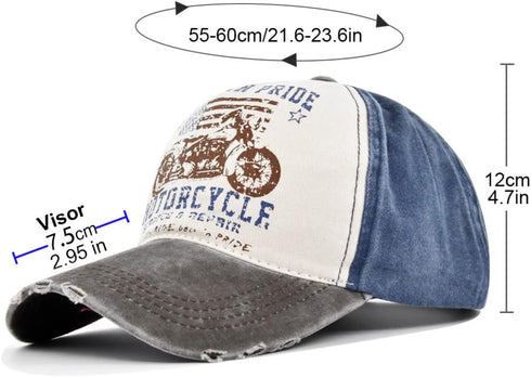 Vintage Washed Denim Baseball Cap, Motorcycle Print Trucker Hat, 100% Cotton Outdoor Sun Hat for Men Women