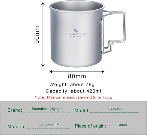 iBasingo 420ml Titanium Mug without Lid, Ultra-light Portable Outdoor Camping Pot, Hiking Drinkware with Foldable