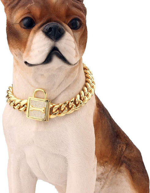 Dog Chain Collar - 12MM Heavy Duty Cuban Chain, 316L Stainless Steel Silver/Gold Training Collar (12'', Gold)