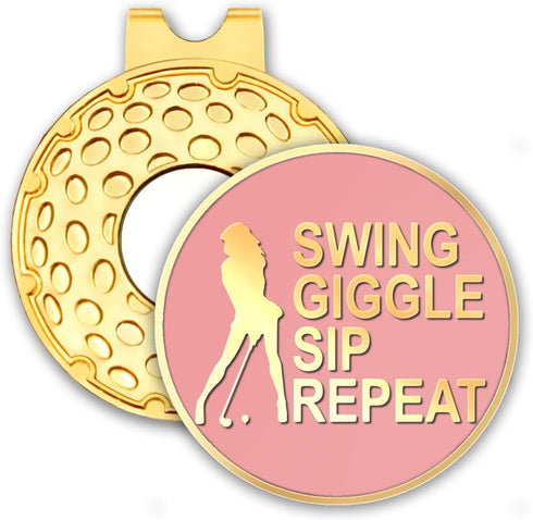 Swing Giggle Sip Repeat Pink Gold Golf Ball Marker with Hat Clip, Funny Accessories for Women Golfers