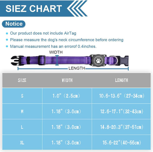 Airtag Dog Collar, Waterproof Holder, Luminous Reflective Adjustable Pet Collar for Heavy Duty Dogs, Purple, XL