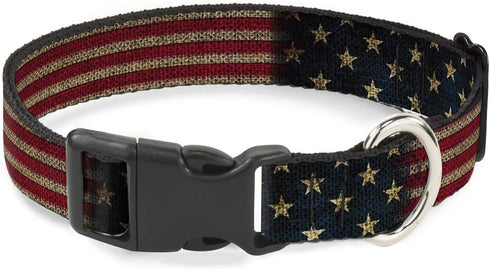 Buckle-Down Plastic Clip Collar - Vintage US Flag Stretch, 1/2" Wide, Fits 8-12" Neck, Medium Size