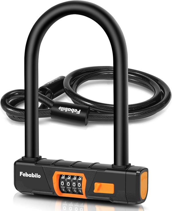 Heavy Duty Bike Locks - Anti Theft Combo U Lock with 4-Digit Resettable Combination and 5Ft Steel Cable