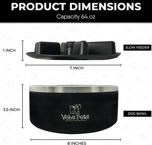 64 oz Insulated Stainless Steel Dog Bowl - Non-Slip, Spill-Proof, BPA-Free - includes A Slow Feeder Insert - Dog Dish & Dog Bowls for Water and Food Feeding of Large and Medium Dogs - Black