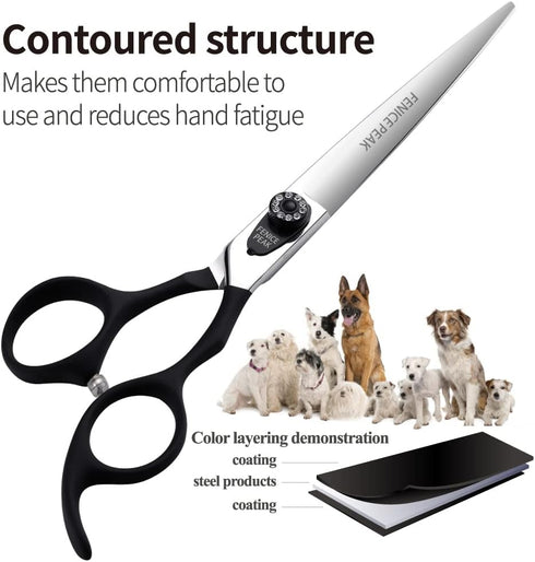 Fenice Peak 7.5'' Dog Straight Scissors - Professional Pet Grooming Shears, 440C Stainless Steel, Black Non-Slip Handle
