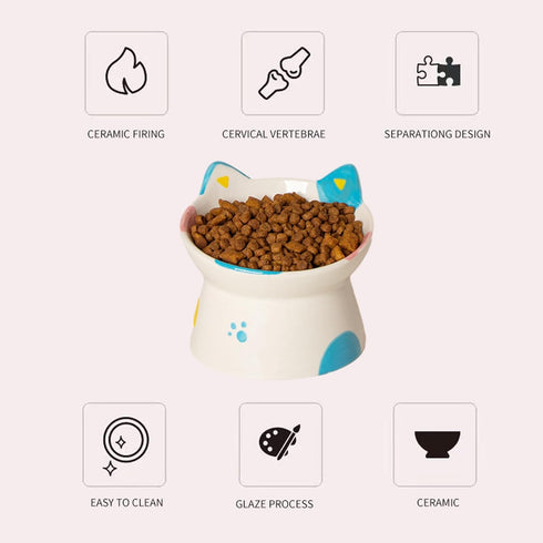 Cute Ceramic Raised Cat Bowls, Elevated Design, 15° Tilted Feeder, Protect Cat's Spine, Anti Vomiting Bowl for Flat