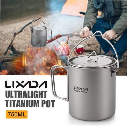 Titanium Cup, Ultralight 750ml Portable Water Mug with Lid and Foldable Handle for Outdoor Camping Cooking Picnic
