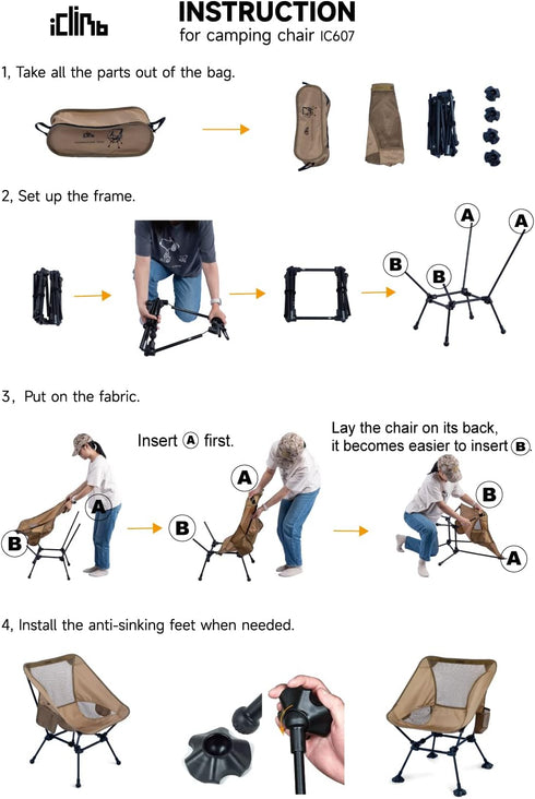 iClimb Ultralight Compact Camping Folding Beach Chair with Anti-Sinking Large Feet and Back Support Webbing (Brown