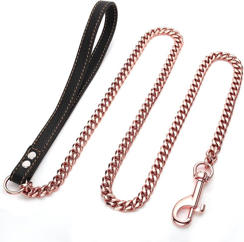 Rose Gold Dog Leash, 11mm Cuban Link Chain with Durable Stainless Steel Metal & Leather Handle, 3FT/4FT/5FT