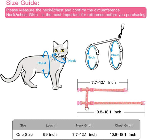 Cat Harness and Leash Set, Soft Nylon Escape Proof Adjustable for Kittens, Glow in The Dark, Moons Stars (Pink)
