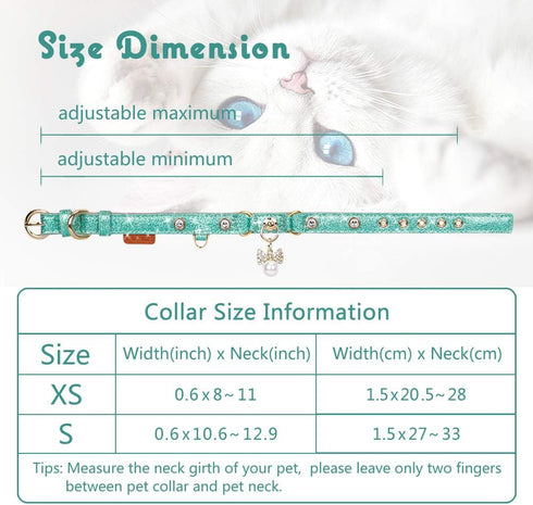 PetsHome Cat Collar, Dog Collar, Bling Rhinestones PU Leather Adjustable Pet Collar for Small Medium Dogs (Mint Green)