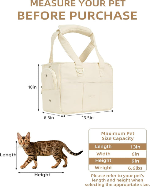 Soft-Sided Dog Carrier for Small Dogs and Cats, Collapsible Cotton Bag with Large Pockets (Beige, 13.6" L x 6.5" W x
