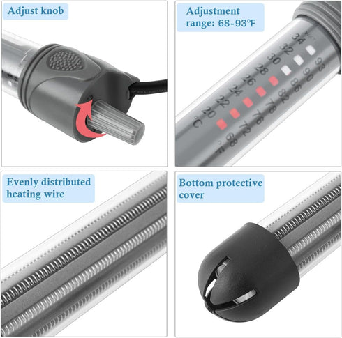 HITOP Adjustable Aquarium Heater, 25W 50W 100W 200W 300W Submersible Fish Tank Thermostat with Suction Cup