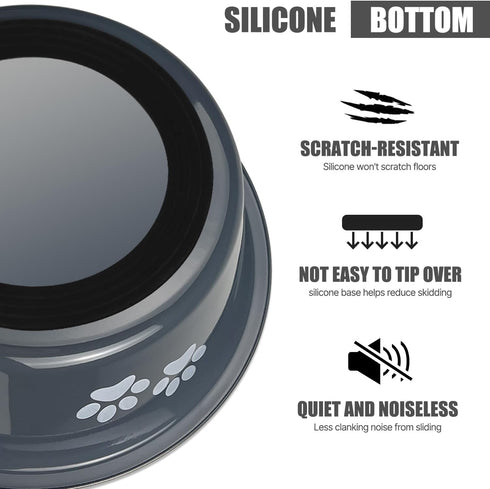 Stainless Steel Dog Bowls, Non-Slip Rubber Bottom, No Spill Proof Skid Bowls for Large, Medium, Small Dogs (Grey, 3.6