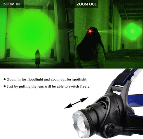 Green LED Headlamp Waterproof Head Torch Light with Zoomable and 3 Modes for Outdoor Activities