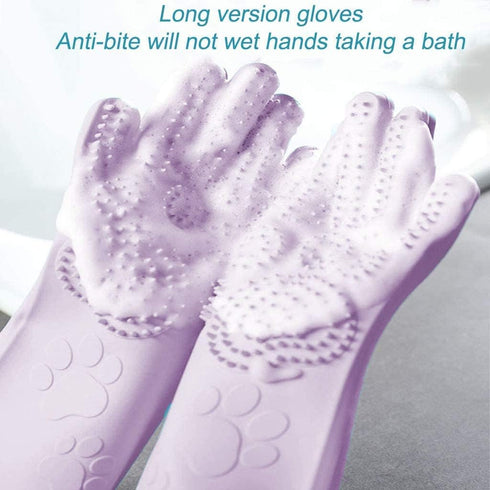 Waterproof Silicone Pet Grooming Gloves - Ambidextrous Scrubber Gloves for Dog Cat Bathing, Hair Removal, Lavender