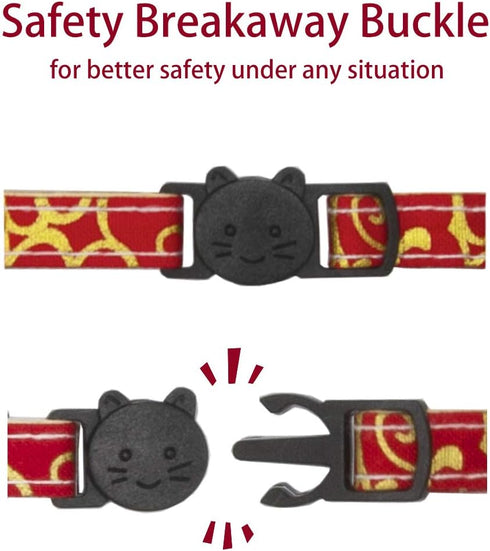 Breakaway Cat Collar with Bells & Fortune Cat Charm - Adjustable Chirimen Japanese Collar for Cats and Small Dogs