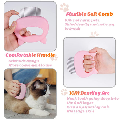 Cat Comb Pet Grooming Tool, Soft Deshedding Brush for Short & Long Hair, 3 Piece Massaging Shell Comb