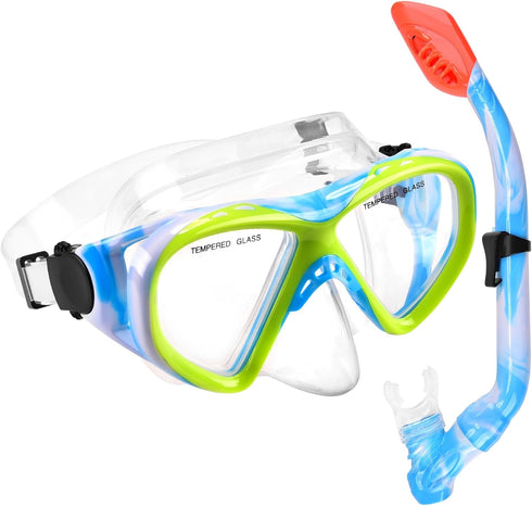 Kids Snorkel Set, Dry Top Snorkeling Gear for Youth Boys Girls, Tempered Glass Swimming Diving Mask