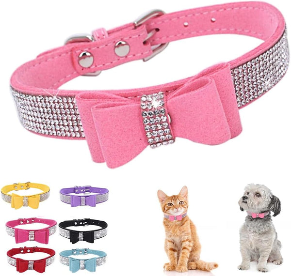 Small Dog Collar with Bowknot, Bling Crystal Rhinestone Adjustable Soft Puppy Cat Pet Collars, Pink Medium