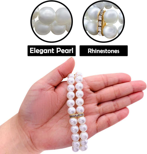 PET SHOW Dog Necklace, Two Rows Elastic Faux Pearl with Rhinestone, Pet Cat Puppy Small Dogs Jewelry Grooming