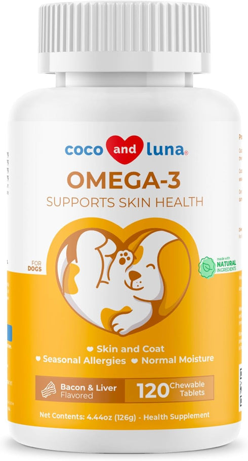Omega 3 Fish Oil for Dogs, 120 Chewable Tablets with Omega 3, 6, 9, Vitamin E for Shedding, Dry Skin, Joint Support