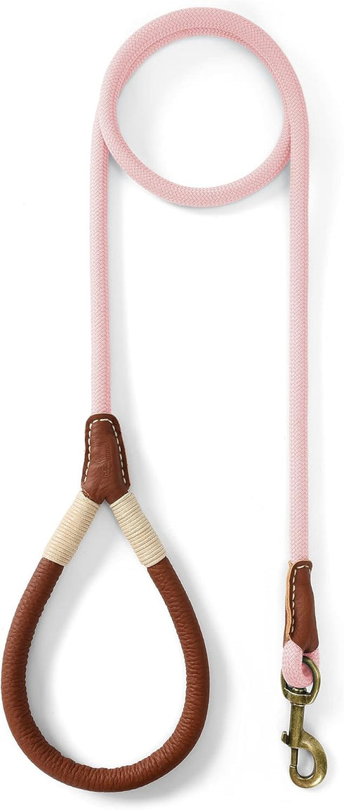 Mile High Life Dog Leash | Strong Rope Dog Leash w Premium Leather Tailor Handle | 5 Feet Dog Leash w Heavy Duty Clasp | Pink Rope Leash for Small Medium Large Dogs | Diameter 1/2"