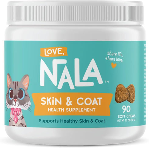 LOVE, NALA Skin and Coat Supplement for Cats, 90 Tasty Soft Chews with Omega 3 Fish Oil, Biotin, Vitamin E