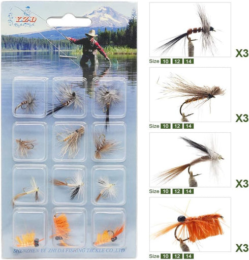 YZD 12pcs Fly Fishing Trout Flies Kit Fly Fishing Lure for Trout Premium Dry Wet Flies Streamer Mayfly Emerger Flys