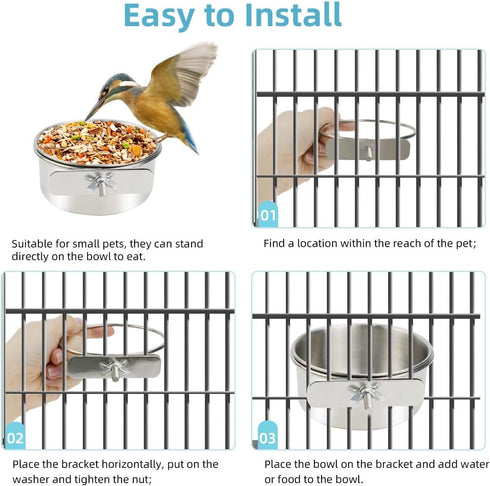 2 Pack Stainless Steel Bird Bowls for Cage, Parrot Food Water Feeder, Hanging Bowl Crate Cups for Small Animals