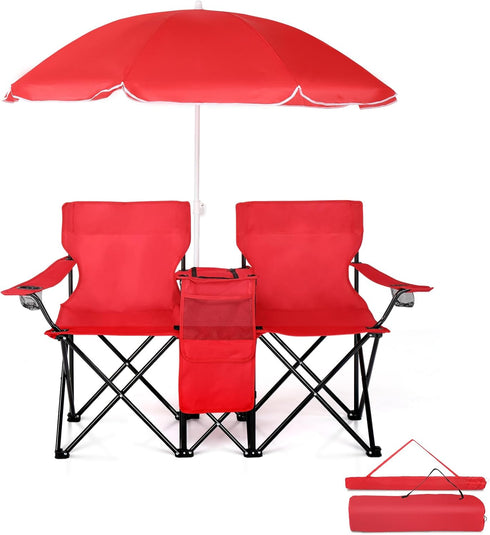 Volowoo Portable Double Folding Picnic Chairs,Double Folding Beach Chairs,Beach Camping Chair W/Umbrella Mini