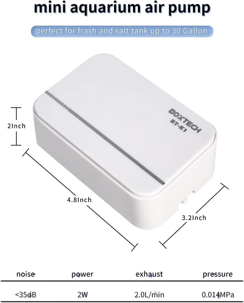boxtech Ultra Quiet Aquarium Air Pump, 2 Watt Fish Tank Bubbler for 1-30 Gallon Oxygen Aeration