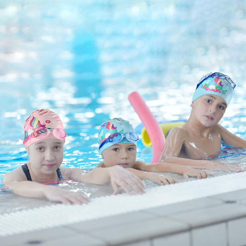 Geyoga 2 Set Swim Cap Kids Unicorn Silicone Waterproof, 2 Swim Caps with 2 Goggles for Kids at Beach Pool