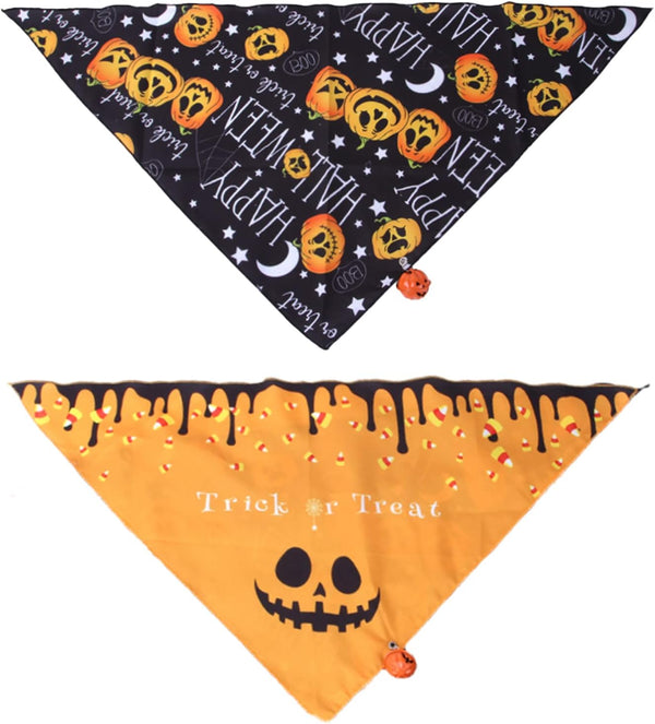 2 Pack Halloween Dog Bandanas with Bell, Pumpkin Ghost Themed Triangle Bibs for Cats and Dogs, Washable Cotton