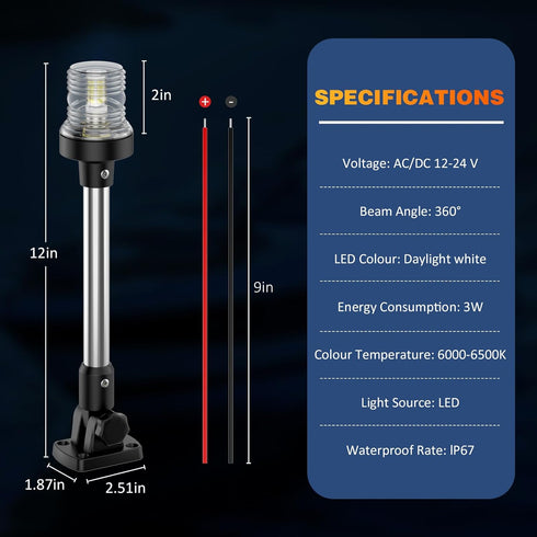 12 Inches IP67, 3NM (12-24V) Anchor Light Stern Lights for Boats LED Waterproof White Fold Down Rear Boat Navigation